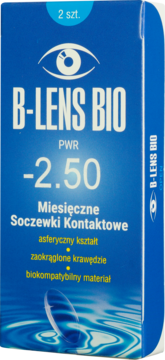 Niebieskie opakowanie miesięcznych soczewek kontaktowych B-Lens BIO -2.50, widok z przodu, z okiem i soczewką.