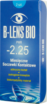Front niebieskiego opakowania miesięcznych soczewek B-Lens Bio PWR -2.25, 2 szt., asferyczne i biokompatybilne.