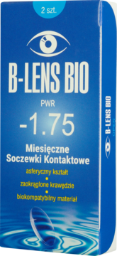 Niebieskie opakowanie soczewek B-lens Bio -1.75 miesięczne, widok z przodu z ikoną oka.