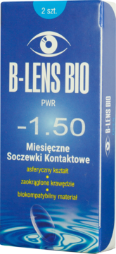 Niebieskie pudełko soczewek B-Lens Bio PWR -1.50, miesięczne, widok z przodu, z białymi napisami.