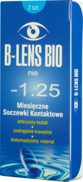 B-lens Bio miesięczne soczewki kontaktowe, moc -1,25, 2 szt., w niebieskim pudełku, widok z przodu.