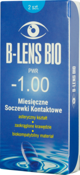 Niebieskie opakowanie miesięcznych soczewek kontaktowych B-Lens Bio, moc -1.00, 2 szt., z logo oka, widok z przodu.