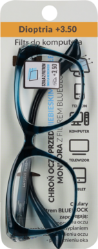 Okulary do komputera +3.50 z niebieskimi oprawkami i filtrem Blue Block, na białym opakowaniu.