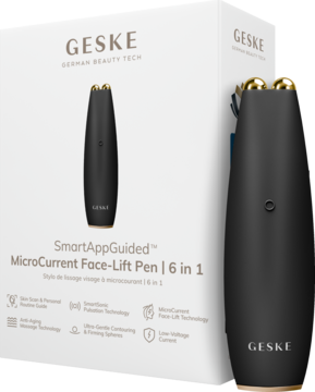 Geske SmartAppGuided MicroCurrent Face-Lift Pen do twarzy, czarno-złoty, obok białego pudełka, widok z przodu.
