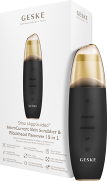 GESKE SmartAppGuided 9-in-1 MicroCurrent Skin Scrubber, black & gold device next to its white branded box.