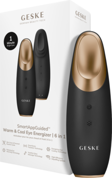Masażer do oczu Geske Cool & Warm 6w1 czarno-złoty, obok białego opakowania, widok z przodu i boku.