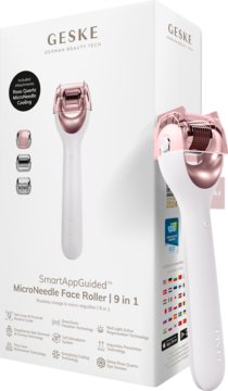 Geske MicroNeedle Face Roller 9w1, biały z różowym złotem, stojący obok pudełka z wymiennymi końcówkami.