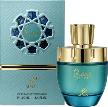 Perfumy Afnan Rare Tiffany: Turkusowy flakon ze złotą nakrętką i pasujące pudełko z ozdobnym wzorem, widok z przodu.