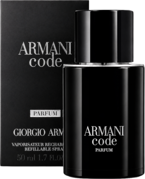 Męskie perfumy Armani Code Parfum 50ml. Czarny flakon z białym napisem obok czarnego opakowania produktu.
