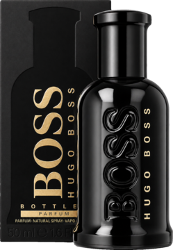 Hugo Boss Boss Bottled Parfum: czarny flakon z złotym, tłoczonym logo BOSS, widok obok opakowania.