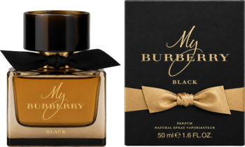 My Burberry Black, damska woda perfumowana. Bursztynowy flakon z czarną wstążką i czarne pudełko ze złotym logo.