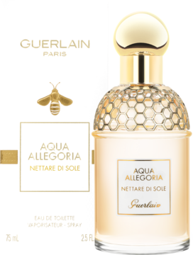 Guerlain Aqua Allegoria Nettare di Sole, złota woda toaletowa 75ml, butelka z miodowym korkiem, obok pudełko z pszczołą.