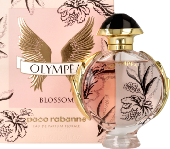 Paco Rabanne Olympea Blossom woda perfumowana w okrągłym flakonie z kwiatami i różowym pudełkiem.