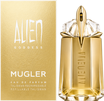 Złote opakowanie perfum Mugler Alien Goddess EDP i złoty, metaliczny flakon o unikalnym kształcie, widok z przodu.