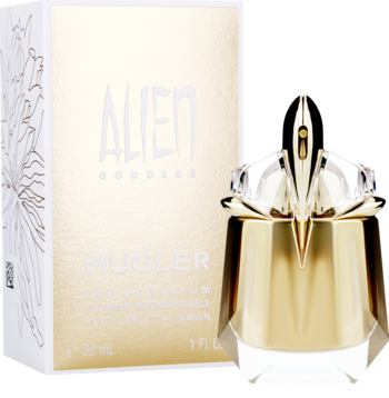 T. Mugler Alien Goddess EDP w złotym, rzeźbionym flakonie i beżowym pudełku, widok z przodu.