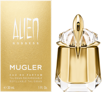 Złoty flakon perfum T. Mugler Alien Goddess EDP obok złotego pudełka, widok z przodu. Orientalno-kwiatowy zapach.