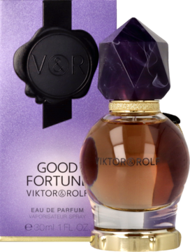 Good Fortune Viktor&Rolf EDP, butelka z bursztynowym płynem i fioletowym fasetowanym korkiem, obok fioletowe pudełko.