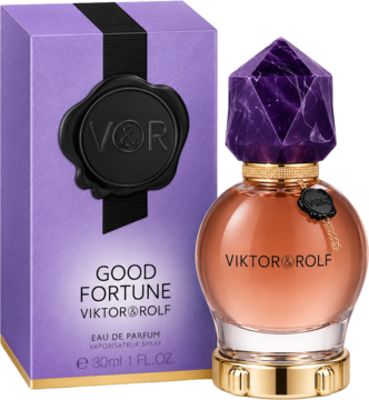 Good Fortune Viktor&Rolf EDP 30ml, bursztynowa butelka z fioletowym kryształowym korkiem i pudełkiem.