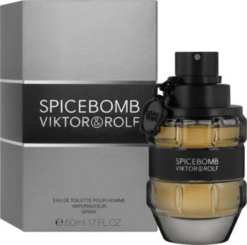 Viktor & Rolf Spicebomb woda toaletowa, srebrny kartonik i flakon w kształcie granatu z bursztynowym płynem.