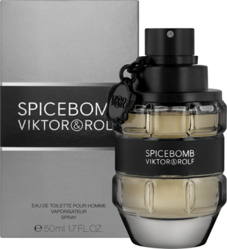 Viktor & Rolf Spicebomb woda toaletowa w czarnym flakonie-granacie 50ml z szarym pudełkiem, widok z przodu.