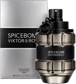 Drzewno-przyprawowa woda toaletowa Viktor & Rolf Spicebomb w butelce granacie obok srebrnego kartonu.