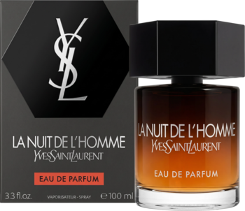 YSL La Nuit de L'Homme EDP, 100ml. Bursztynowa butelka z czarnym korkiem, częściowo widoczne ciemne pudełko.