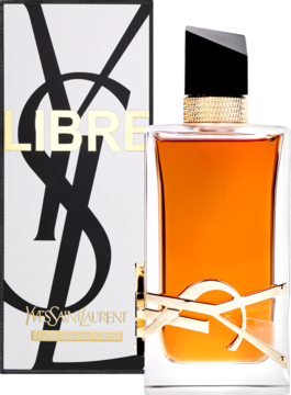 Yves Saint Laurent Libre Intense perfumy: amber butelka ze złotym logo YSL owiniętym wokół, białe pudełko z brandingiem.