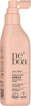 Różowy spray Neboa Just Curly do reanimacji skrętu włosów kręconych i falowanych, z pompką, widok z przodu.