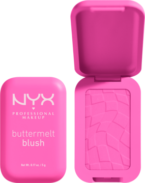 Jaskrawo-różowy róż NYX Buttermelt, kasetka zamknięta obok otwartej z widocznym wytłoczonym wzorem na pudrze.