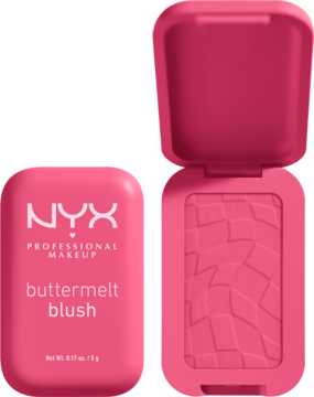 Róż NYX Buttermelt w odcieniu Getting Butta. Dwa różowe kompakty: jeden zamknięty, drugi otwarty z wytłoczeniem.