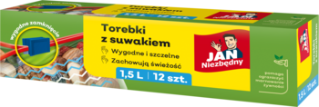Torebki z suwakiem 1.5L 12szt. Jan Niezbędny w zielonym pudełku z żółtą etykietą, widok z góry i przodu.