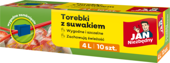 Pudełko torebek z suwakiem Jan Niezbędny 4L, 10 sztuk, zielono-żółte, do przechowywania i mrożenia.