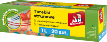 Zielono-żółte opakowanie torebek strunowych Jan Niezbędny, 1L 20 sztuk, z podwójnym suwakiem pokazanym na zbliżeniu.