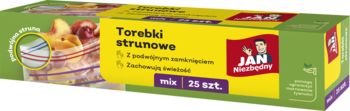 Opakowanie torebek strunowych Jan Niezbędny mix rozmiarów, zielono-żółte, z widocznymi owocami w przezroczystej torbie.