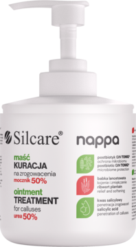 Biała maść Silcare nappa z mocznikiem 50% na zrogowacenia, widok z przodu butelki z pompką.