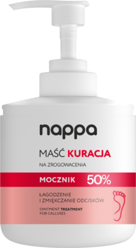 Biała butelka nappa Maść Kuracja na zrogowacenia z pompką, widoczny napis MOCZNIK 50% i stopa.