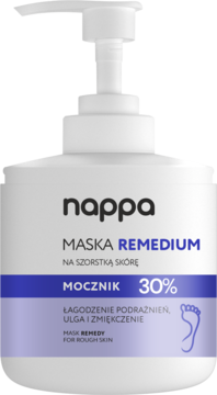Nappa Maska Remedium do stóp z 30% mocznikiem, w białej butelce z pompką, na szorstką skórę.
