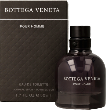 Bottega Veneta Pour Homme EDT 50ml, ciemnopurpurowa butelka ze skórzanym paskiem i pudełko obok.