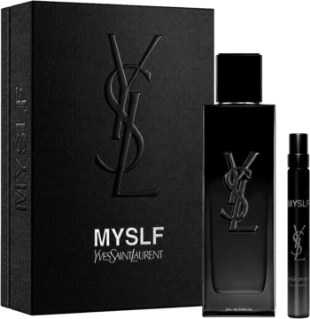 Czarny zestaw YSL MYSLF, perfumy męskie 100ml i 10ml, pudełko z wytłoczonym logo. Widok z przodu.