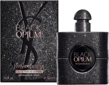 Perfumy Black Opium Extreme YSL: czarna brokatowa butelka oraz dopasowane pudełko, ustawione obok siebie.