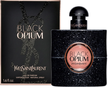 YSL Black Opium, damska woda perfumowana: brokatowa butelka z pomarańczowym akcentem i pudełko, widok z przodu.