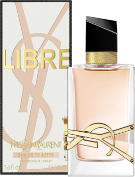 Perfumy YSL Libre EDT 50 ml w eleganckim, złotym flakonie obok beżowego pudełka z logo.