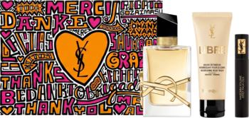 Yves Saint Laurent Libre: złote perfumy, beżowy balsam do ciała i czarna mascara na tle z napisami 'dziękuję'.