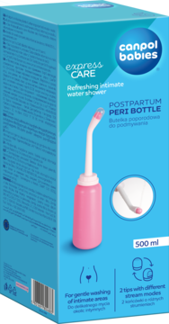 Canpol Babies Postpartum Peri Bottle 500ml w niebieskim pudełku, widok przód-bok różowej butelki z aplikatorem.