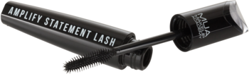 Czarny tusz Mua Amplify Statement Lash z otwartym opakowaniem i silikonową szczoteczką wyjętą z tuby.