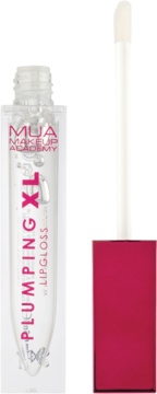 MUA Plumping XL błyszczyk powiększający w przezroczystej tubie z różowym napisem i wyciągniętym aplikatorem, magenta zakrętka.
