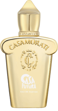 Elegancka złota butelka Casamorati Casafutura Eau de Parfum, widok z przodu, z białym logo i detalami.