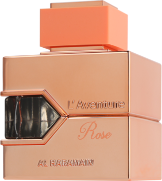 Al Haramain L'Aventure Rose, perfumowana woda dla kobiet, różowo-złota butelka, pomarańczowy korek, widok z przodu.