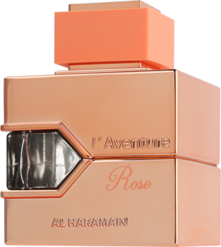 Rose goldowa butelka wody perfumowanej Al Haramain L'Aventure Rose, pomarańczowy korek, widok z przodu.