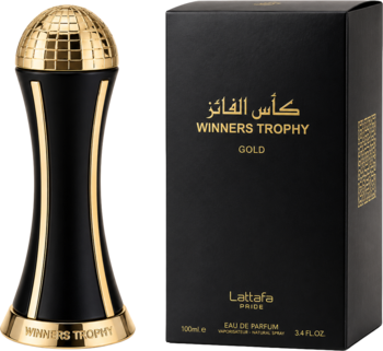 Lattafa Winners Trophy Gold, elegancki czarny flakon perfum z złotą nakrętką i pasujące pudełko, widok z przodu.